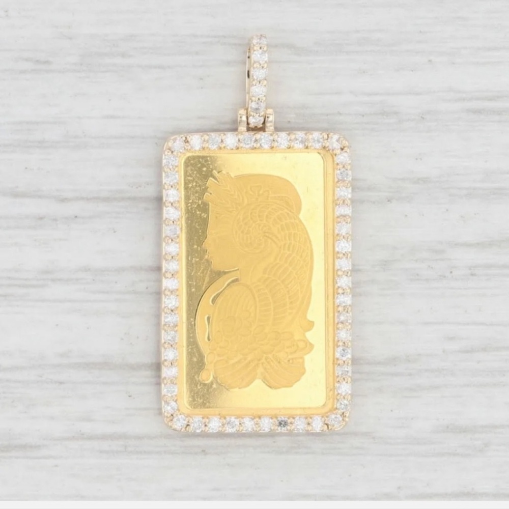 New Diamond Halo Pamp Fortuna Swiss Gold Bar Pendant 999 14k Yellow Gold 2.5 gra